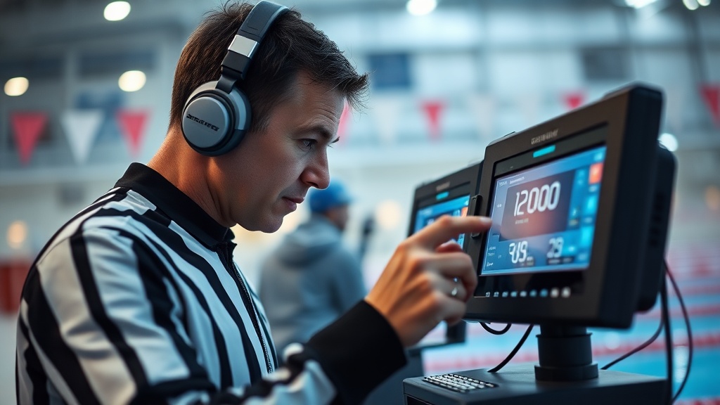 심판석에 설치된 전자 타이밍 시스템의 모니터 화면과 데이터 표시